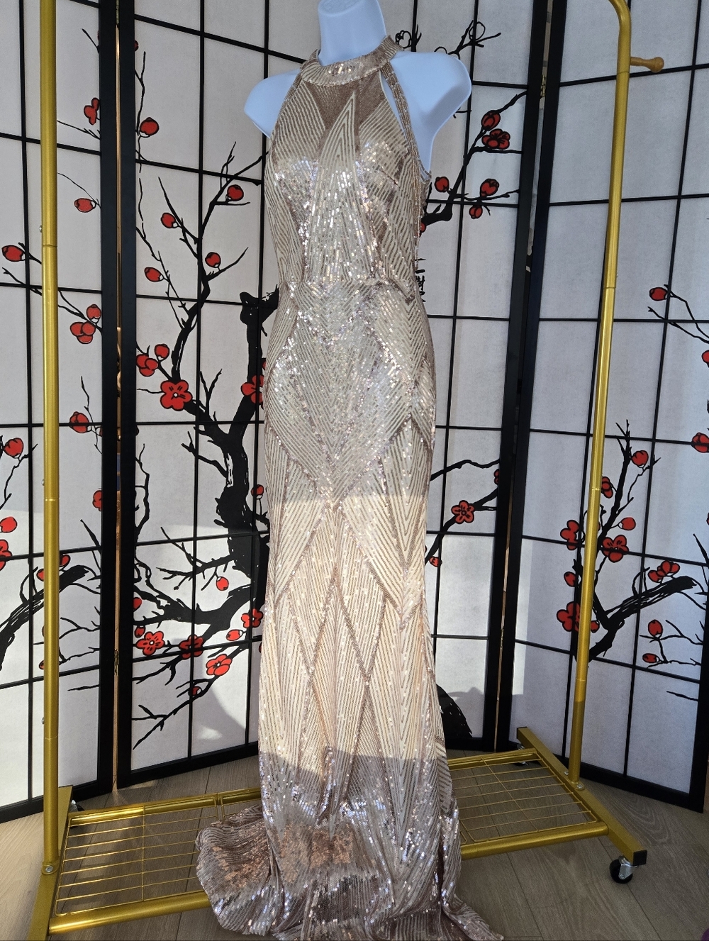 Glamorous Champagne Sequin Halter Evening Gown